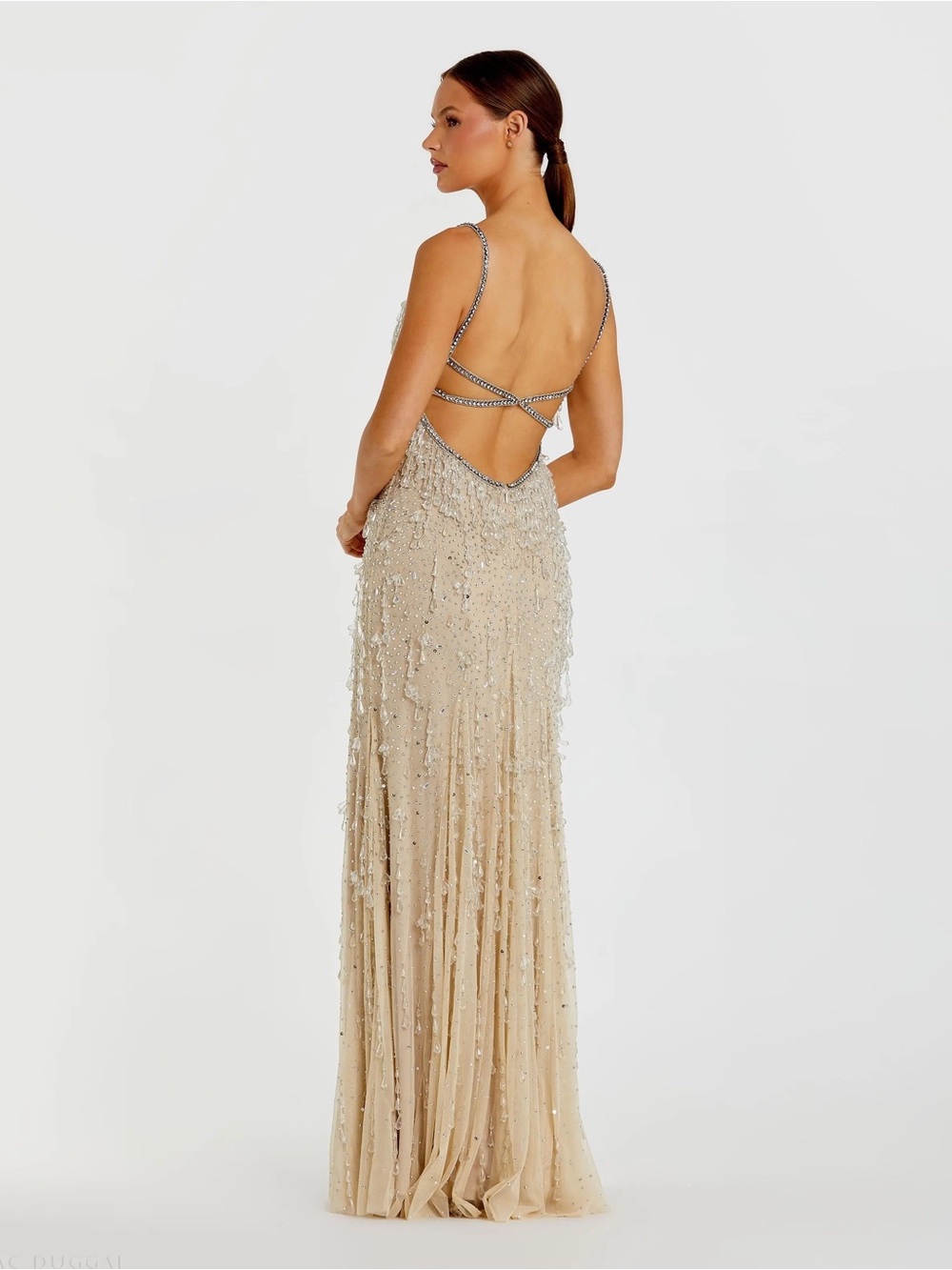 Mac Duggal 10101 Beige V-Neck Column Gown with Fringe Embellishments sz 10 NEW - Picture 2 of 3